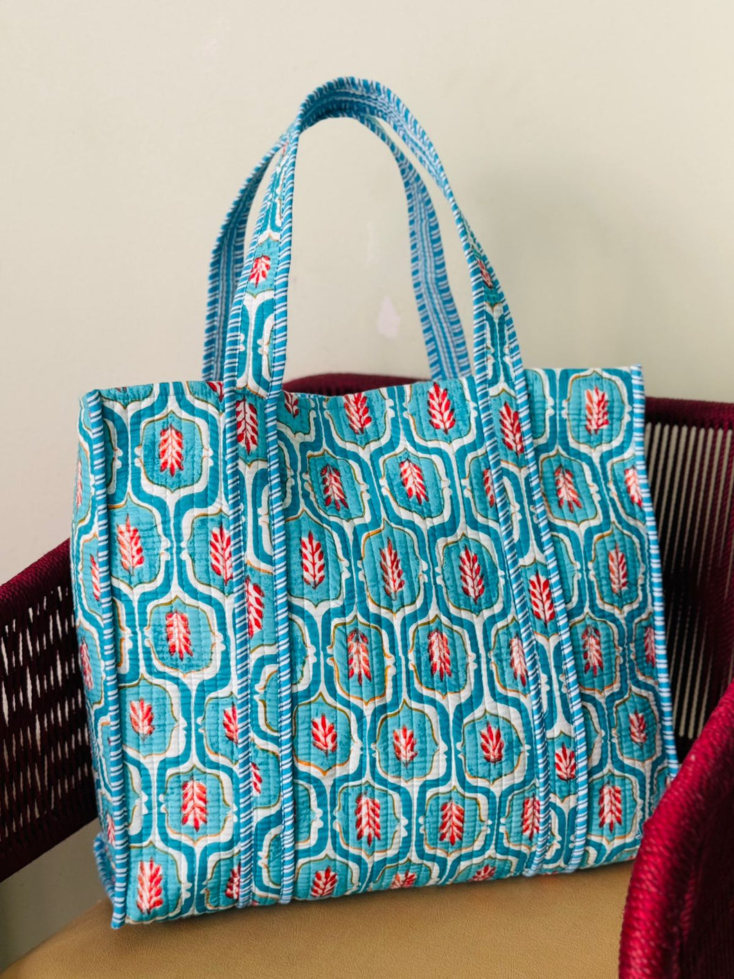 Handblock Printed Quilted Tote Bag sky blue / orange