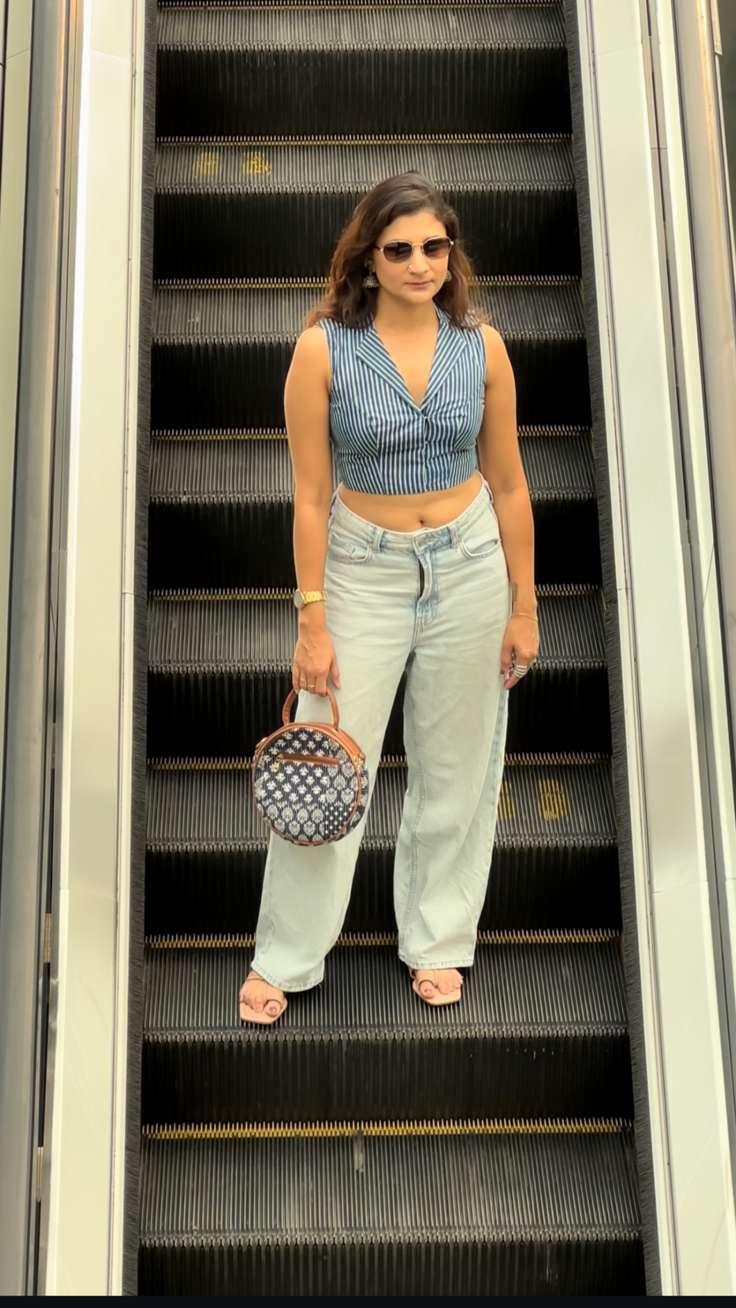 Indigo striped crop blouse